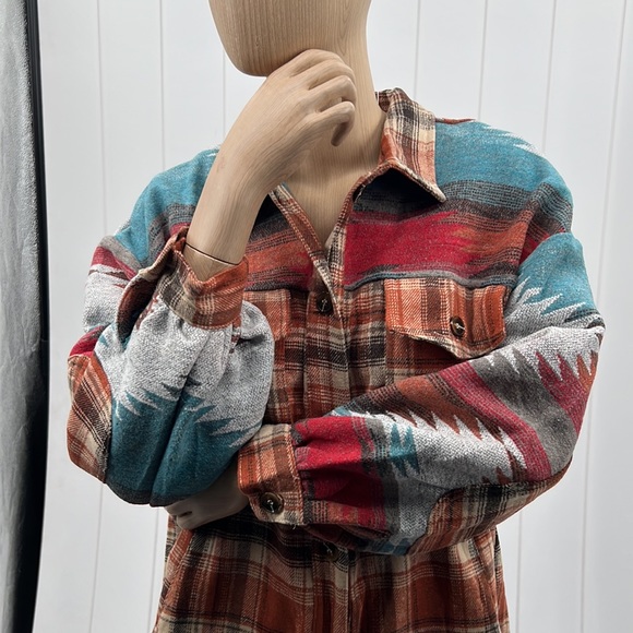 🆕Aztec Shacket Shirt Jacket Plaid Button Down Pockets Sm/Med & Lg/XL Available - Picture 7 of 13